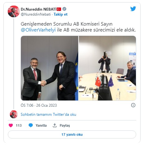 Hazine ve Maliye Bakanı Nebati AB Komiseri Oliver Varhelyi ile görüştü